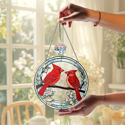 7.8" Cardinal Stained Glass Suncatchers, Red Birds and Flower Art Glass Sun Catcher for Window Hanging, Gifts for Bird Lovers Women Grandma Mom, Memorial Keepsake Painted Panel Décor BIRD-02B-SG8