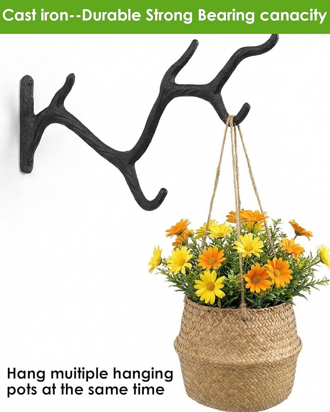 2 Pcs 11" Cast Iron Tree Branch Plant Hangers, Decorative Metal Wall Bracket Hooks, Vintage-Style Heavy Duty Storage Rack for Hanging Plants, Baskets, Lanterns, Wind Chimes, Indoor & Outdoor, Black
