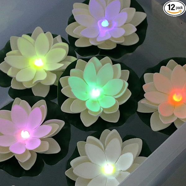 LACGO 12 PCS Floating Lotus Lights - Artificial LED Lotus Waterproof Battery Operated Water Activated Color Changing Fake Lily Pad Lights for Pool Pond Lantern Garden Outdoor Decor