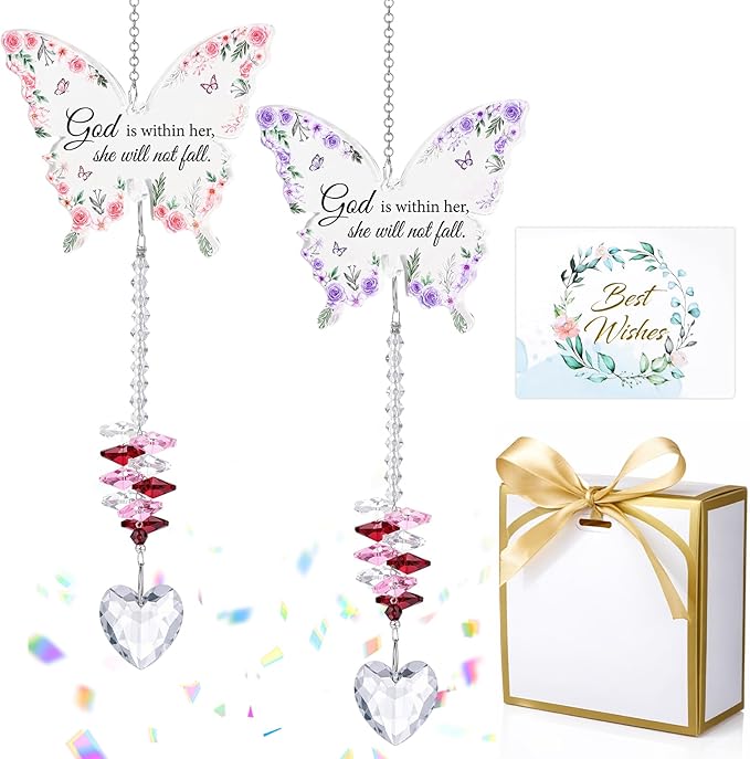 Didaey 2 Pcs Christian Crystal Butterfly Suncatchers Inspirational Religious Gifts for Women Pink Purple Windows Car Hanging Ornament with Greeting Card and Gift Box for Mom Friend Mother's Day