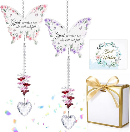 Didaey 2 Pcs Christian Crystal Butterfly Suncatchers Inspirational Religious Gifts for Women Pink Purple Windows Car Hanging Ornament with Greeting Card and Gift Box for Mom Friend Mother's Day