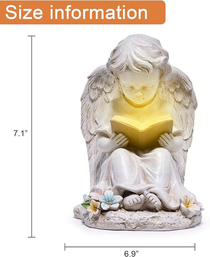 basen Solar Angel Garden Statue with LED Lighted Book, Resin Outdoor Guardian Angel Figurine, Waterproof Lawn Yard Patio Decor, Memorial Sympathy Sculpture for Porch Backyard Gift