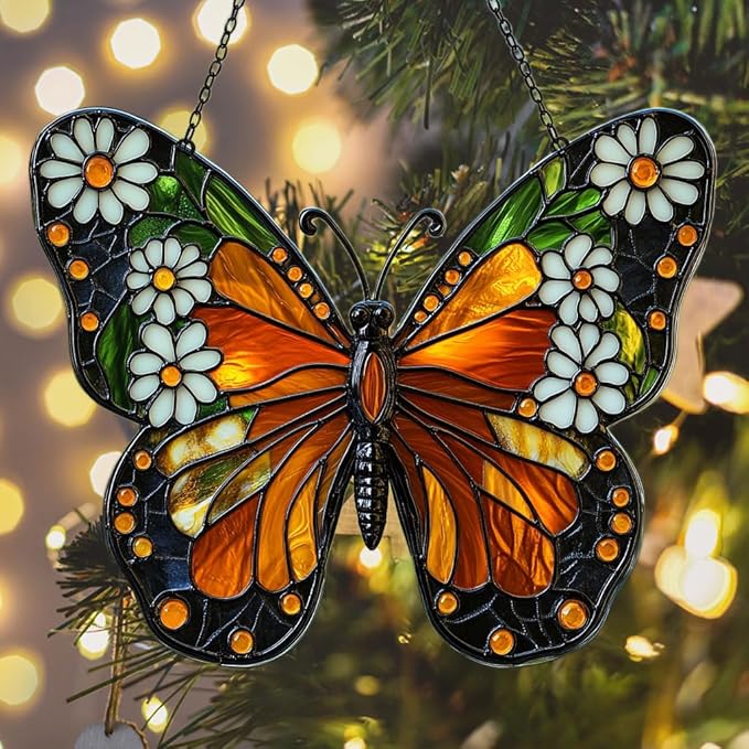 Floral Monarch Acrylic Suncatcher Stained Glass Effect Window Car Hanging Christmas Ornament Indoor Outdoor Decor Garden Sun Catcher Panel for Butterfly Lover for Women Mom Grandma