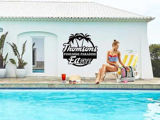 Personalized Pool Metal Name Sign,Custom Poolside Paradise Sign, Palm Tree Name Sign, Last Name Patio Sign,Summer Backyard Patio Sign