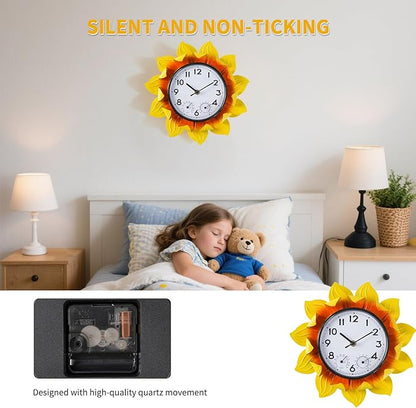 3D Metal Sunflower Wall-Mounted Outdoor Clock Thermometer and Hygrometer Combo，11 Inch Wall Clock Waterproof Quartz Clock Silent No-Ticking for Patio,Kitchen, Living Room,bedrooms,Garden