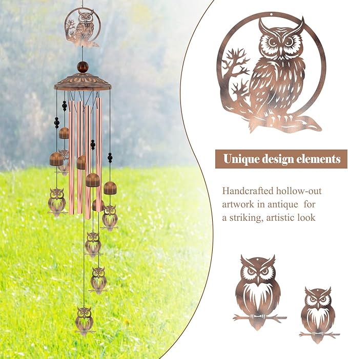35 Inch Owl Wind Chimes for Outside - Rustic Copper Metal Silhouette Decor with 6 Handcrafted Pendants - Wisdom & Guardian Memorial Windchime - Unique Gift for Owl Lovers, Garden & Patio