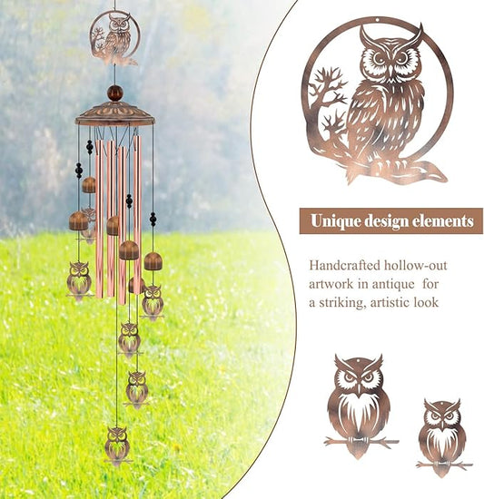 35 Inch Owl Wind Chimes for Outside - Rustic Copper Metal Silhouette Decor with 6 Handcrafted Pendants - Wisdom & Guardian Memorial Windchime - Unique Gift for Owl Lovers, Garden & Patio