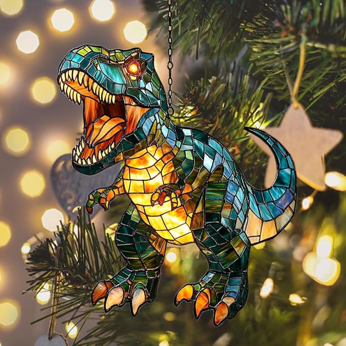 Fierce T-rex Acrylic Suncatcher Stained Glass Effect Window Car Hanging Christmas Ornament Indoor Outdoor Decor Garden Sun Catcher Panel for Dinosaur Lover for Women Mom Grandma