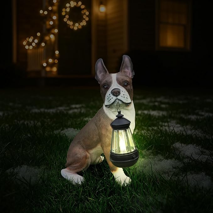 French Bulldog Garden Statue with Solar Lantern & Welcome Sign, 13.8" Realistic Dog Outdoor Decor, Waterproof Resin Animal Lawn Ornament for Patio, Yard, Porch and Housewarming Gift