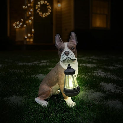 French Bulldog Garden Statue with Solar Lantern & Welcome Sign, 13.8" Realistic Dog Outdoor Decor, Waterproof Resin Animal Lawn Ornament for Patio, Yard, Porch and Housewarming Gift