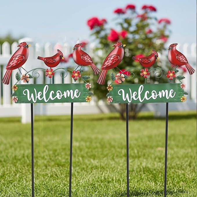 42.5inch Cardinal Garden Stake with Welcome Yard Sign and Metal Flowers for Outdoor Garden Decor, Cardinal Yard Decor for Outdoor Lawn Ornaments
