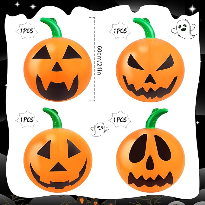 4 Packs 24 Inches Halloween Inflatable Pumpkin Outdoor Decorations PVC Inflatable Hanging Pumpkin Ornaments Blow Up Pumpkin for Halloween Party Yard Garden Outdoor Decoration