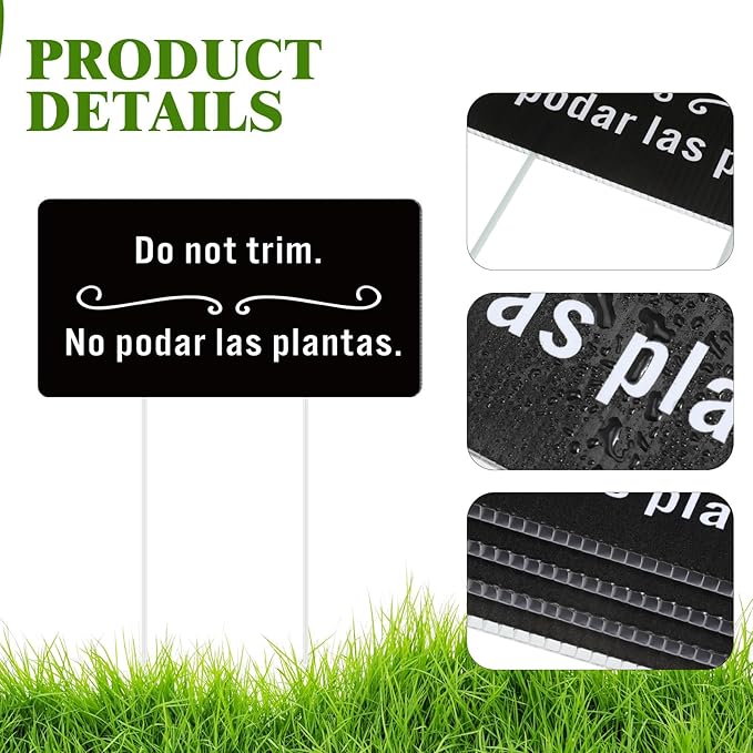 Menkxi 2 Pcs Do Not Trim Yard Signs with Plastic Stakes, 9.2'' x 4.9'' Bilingual Plant Signs Outdoor PP Material Garden Markers, 11.81'' Stake (Black)