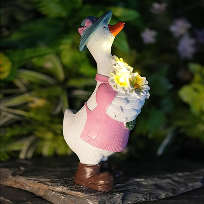 Solar Porch Goose Garden Statue with Glowing Flower, 11.5" Solar Duck Garden Decor for Outdoor, Waterproof Animal Figurine with Auto Light for Yard Lawn Patio - Unique Gift for Mom Grandma Women