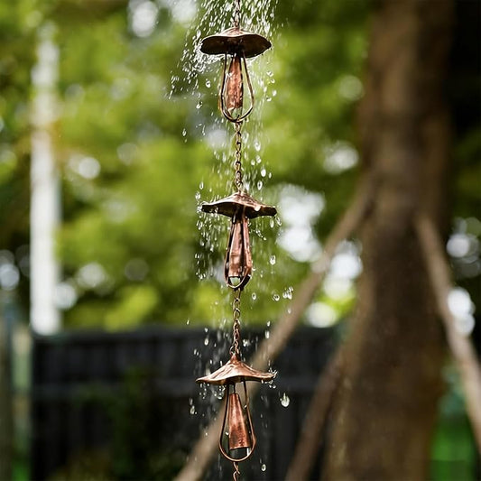 Vintage Iron Mushroom Rain Chain, Rustic Outdoor Garden Decor Wind Chime, 51.18 in Metal Mushroom Rain Catcher, Decorative Gutter Downspout Alternative (1Pc)