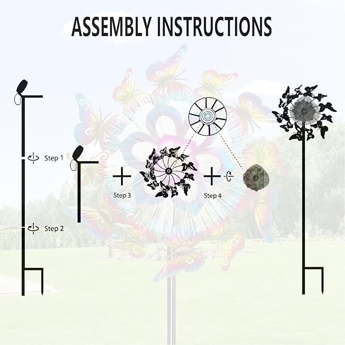 Solar 45" Butterfly Garden Wind Spinner, Metal Clearance Windmill Kinetic Spinner Outdoor Decor, Wind Sculpture Yard Art Decorations for Patio, Lawn & Garden