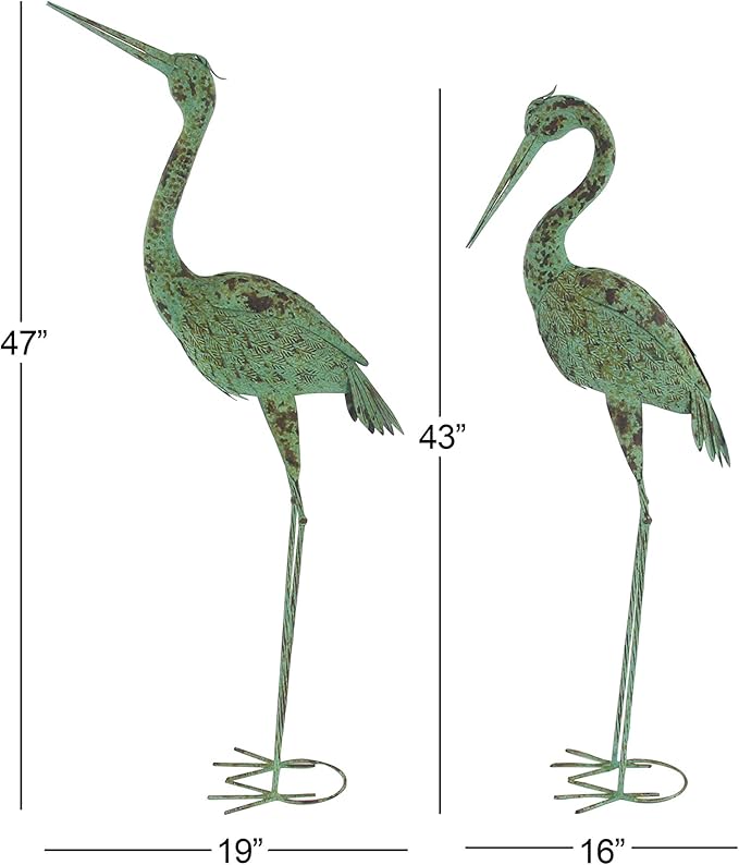 Deco 79 Metal Crane Decorative Garden Sculpture Indoor Outdoor Garden Statues with Coiled U Shaped Feet, Set of 2 Outdoor Sculptures 19"W, 47"H, Green