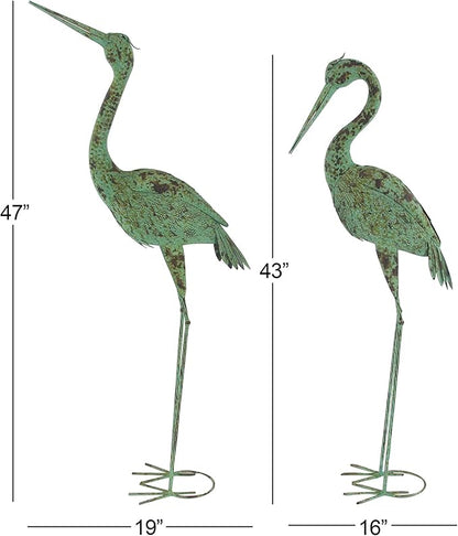 Deco 79 Metal Crane Decorative Garden Sculpture Indoor Outdoor Garden Statues with Coiled U Shaped Feet, Set of 2 Outdoor Sculptures 19"W, 47"H, Green
