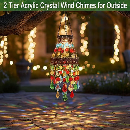 Hanging Solar Lanterns Outdoor Chandelier,2 Tier Acrylic Crystal Wind Chimes for Outside,Solar Lights Color Changing LED Outdoor Decorative for Paito,Porch,Yard