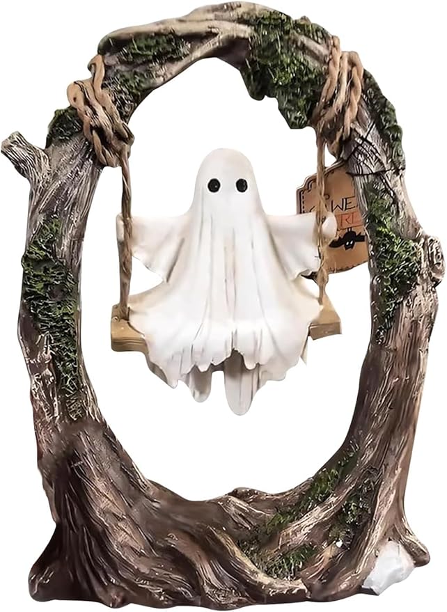 AZYM Ghost Halloween Decor,Ghost on a Tree Swing,Cute Funny Swinging Ghost Halloween Figurine Decoration,for Indoor Desktop Bookshelf Outdoor Garden Patio Lawn Decor
