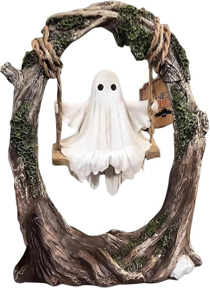 AZYM Ghost Halloween Decor,Ghost on a Tree Swing,Cute Funny Swinging Ghost Halloween Figurine Decoration,for Indoor Desktop Bookshelf Outdoor Garden Patio Lawn Decor