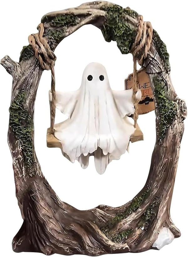 AZYM Ghost Halloween Decor,Ghost on a Tree Swing,Cute Funny Swinging Ghost Halloween Figurine Decoration,for Indoor Desktop Bookshelf Outdoor Garden Patio Lawn Decor
