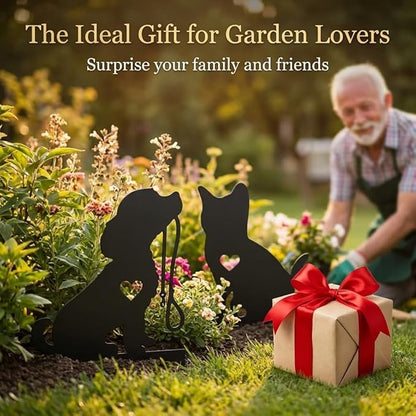 Metal Garden Decor for Outside, Black Silhouette Statues Gifts for Yard Ornaments,Lawn, Patio, Pathway,Outdoor Garden Decor, Lawn Ornaments (Cat+Dog)