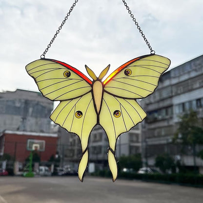 Green Luna Moth Stained Glass Window Hanging, Handmade Sun Catcher Glass Panel Wall Art Decor with Chain, Luna Moth Gifts for Women Mom Grandma, Outdoor Indoor Art Decor for Home Garden