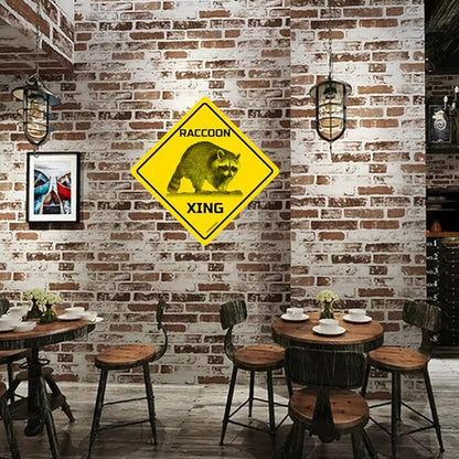 Raccoon Xing Crossing Sign Funny Novelty Metal Tin Sign for Bar Club Country Home Coffee Shop Indoor& Outdoor Decor Yellow Street Sign 12X12inch