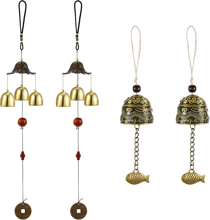 Jetec 4 Pieces Feng Shui Wind Chime for Good Luck 3-Bell Vintage Hanging Wind Chime Vintage Dragon Bell for Wealth Home Garden Patio Hanging Blessing Decoration