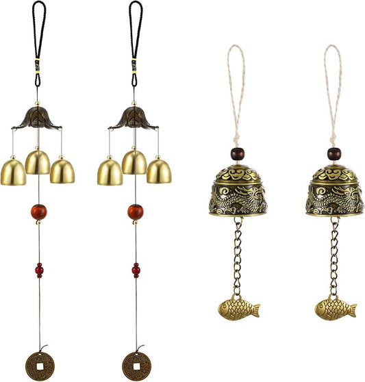 Jetec 4 Pieces Feng Shui Wind Chime for Good Luck 3-Bell Vintage Hanging Wind Chime Vintage Dragon Bell for Wealth Home Garden Patio Hanging Blessing Decoration
