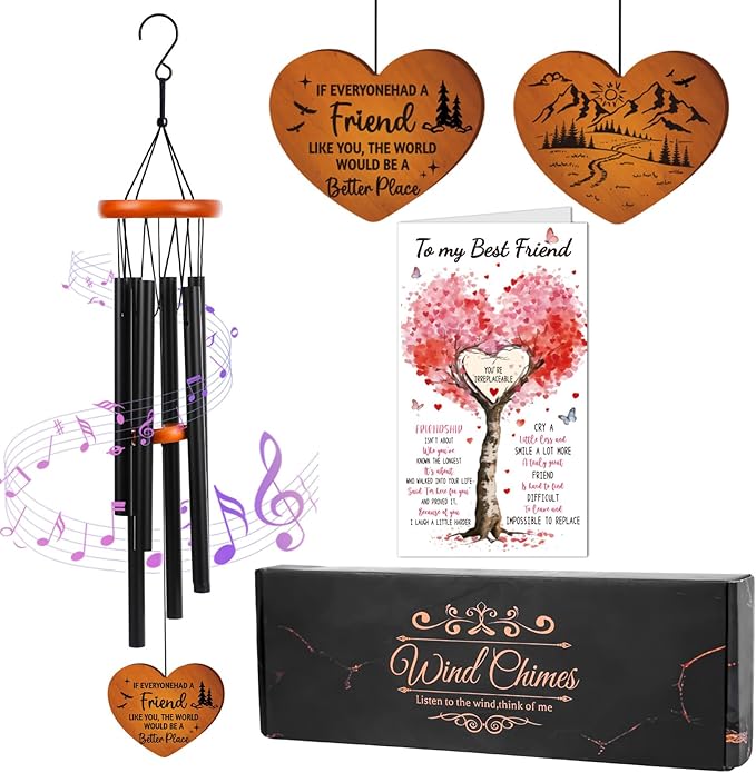 Wind Chimes for Outside for Women - 25.5" Friendship Wind Chime with Wood Plaque & Greeting Card Outdoor Garden Decor for Birthday Christmas BFF Bestie Gifts