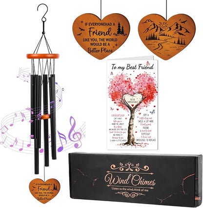 Wind Chimes for Outside for Women - 25.5" Friendship Wind Chime with Wood Plaque & Greeting Card Outdoor Garden Decor for Birthday Christmas BFF Bestie Gifts