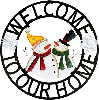 Metal Hanging Rustic Snowmen Welcome Door Wreath,13''x13'',Vintage Christmas Snowman Porch Decor Front Door Wreaths Garden Welcome Sign Indoor Outdoor Decorations for Winter Christmas Decor