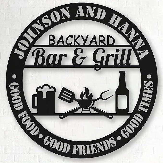Custom Name BBQ Metal Sign, Personalized Backyard Bar & Grill Metal Wall Beer Metal Wall Art Sign Bbq Outside Wall Decor Family Name Metal Sign, Patio Signs