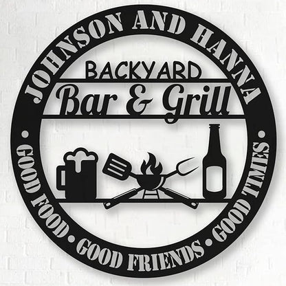 Custom Name BBQ Metal Sign, Personalized Backyard Bar & Grill Metal Wall Beer Metal Wall Art Sign Bbq Outside Wall Decor Family Name Metal Sign, Patio Signs