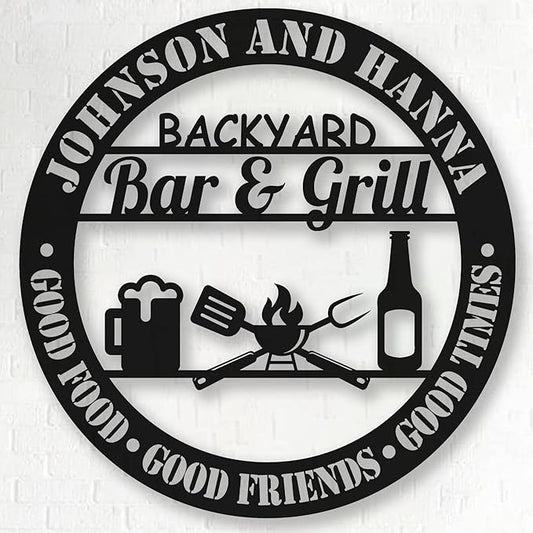 Custom Name BBQ Metal Sign, Personalized Backyard Bar & Grill Metal Wall Beer Metal Wall Art Sign Bbq Outside Wall Decor Family Name Metal Sign, Patio Signs