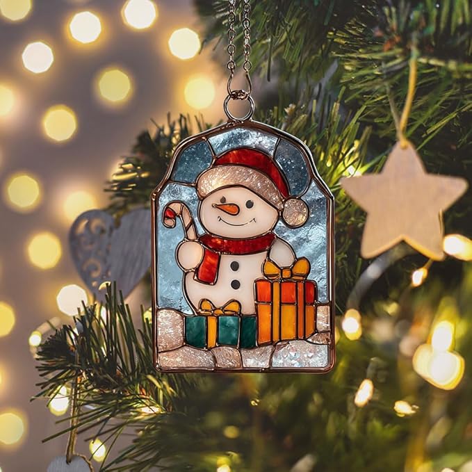 Cute Snowman Giving Presents Acrylic Suncatcher Stained Glass Effect Window Car Hanging Christmas Ornament Indoor Outdoor Decor Garden Sun Catcher Panel for Women Mom Grandma