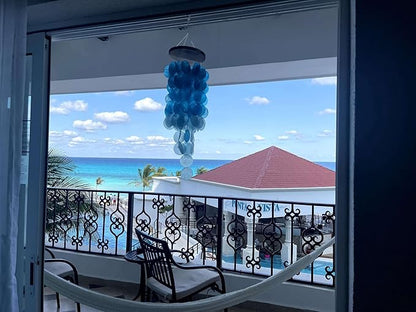 Capiz Shell Wind Chimes, Handmade Memorial Wind Chime with Melodious Sound, Sturdy Wood Top, Blue