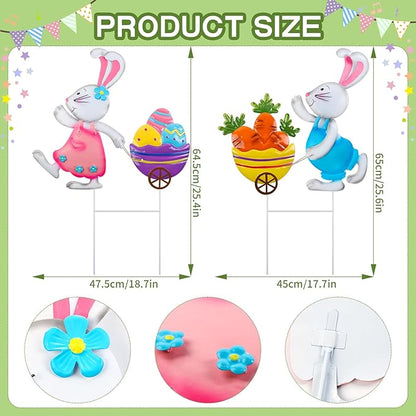 2 Pack Easter Bunny and Egg Lawn Stakes - Spring Bunny Yard Stakes with Metal Stakes for Easter Outdoor Yard Decor Easter Patio Stakes