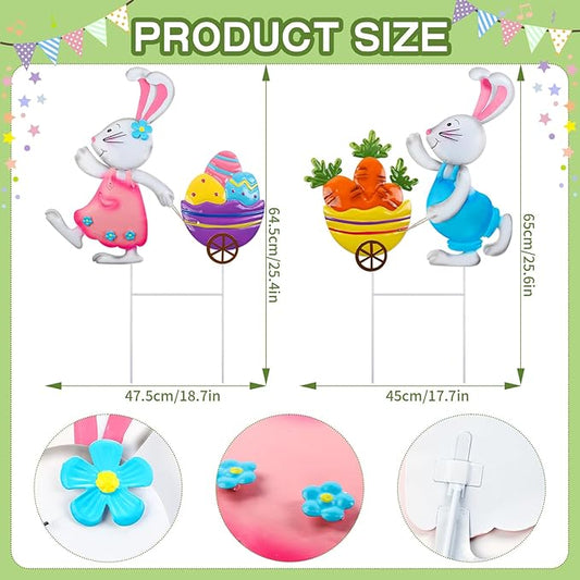 2 Pack Easter Bunny and Egg Lawn Stakes - Spring Bunny Yard Stakes with Metal Stakes for Easter Outdoor Yard Decor Easter Patio Stakes