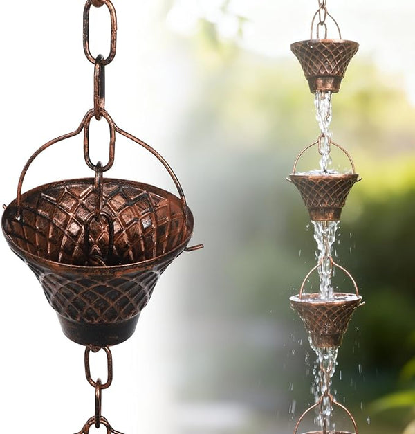 Rain Catcher Chain, 8.5 Ft Copper with 12 Cups, Decorative Gutter Downspout for Outside, Weather-Resistant Garden Water Diverter