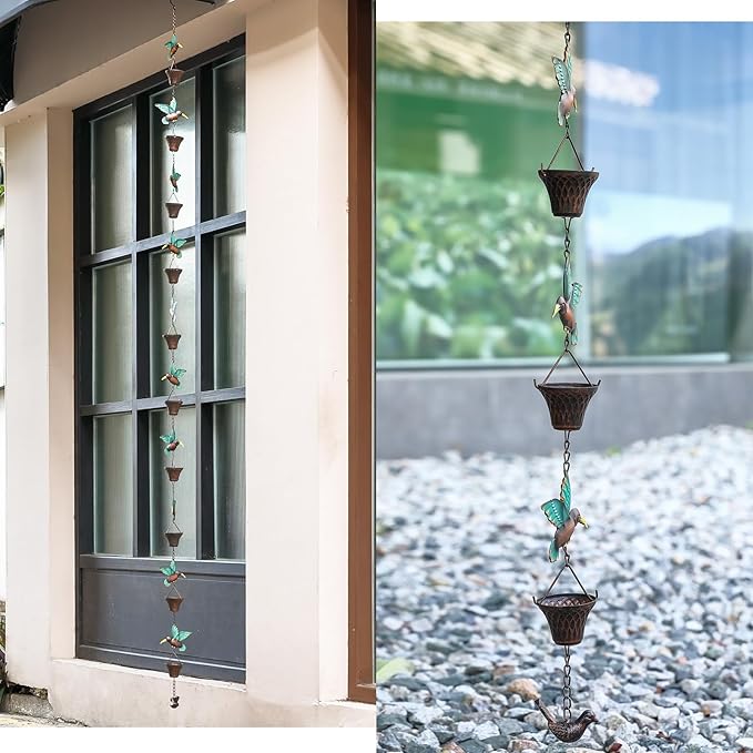 8.5FT Rain Chain, Hummingbird and Cup Rain Chains for Gutters and Downspouts, Metal Decorative Rainwater Catcher Chain, Antique Copper Rain Gutter Downspout Chains for Outside Garden