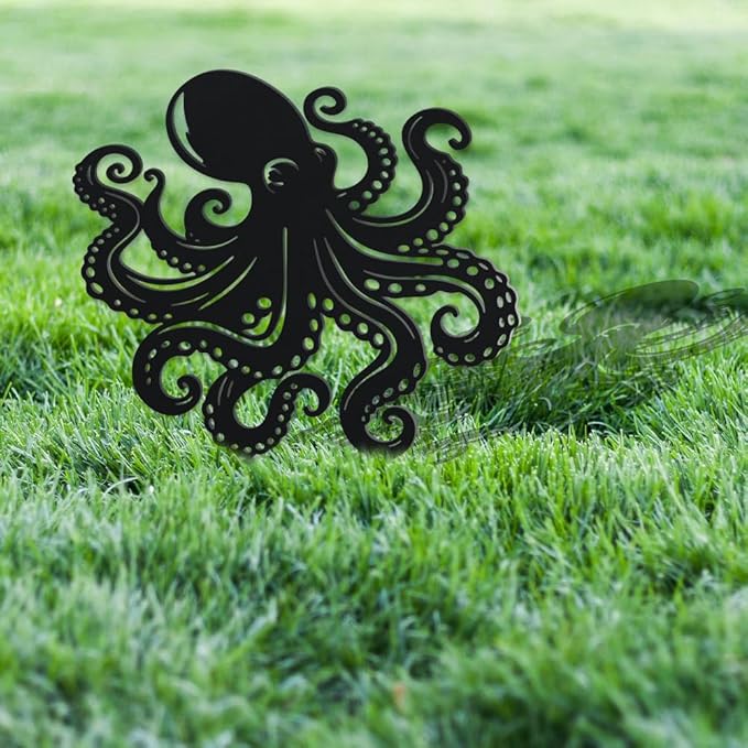 WADORN Octopus Metal Decorative Garden Stakes, Octopus Funny Metal Outdoor Statues Ocean Theme Silhouette Ornament Marine Life Gifts Animal Outdoor Stakes for Yard Garden Patio Lawn Walkway Ornaments