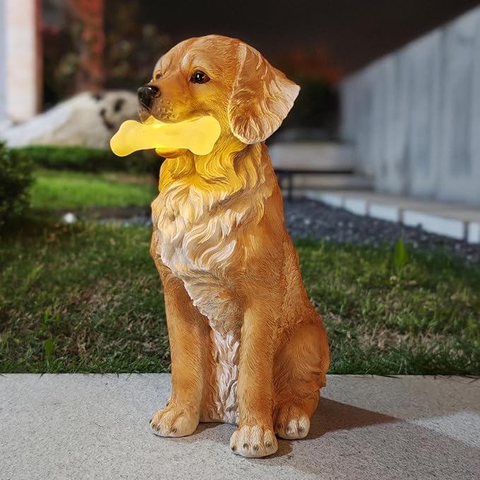 COWOS Solar Dog Statue with Glowing Bone, Golden Retriever Dog Statues for Outdoor Garden Decor, Weatherproof Dog Figurines and Pet Memorial Gift