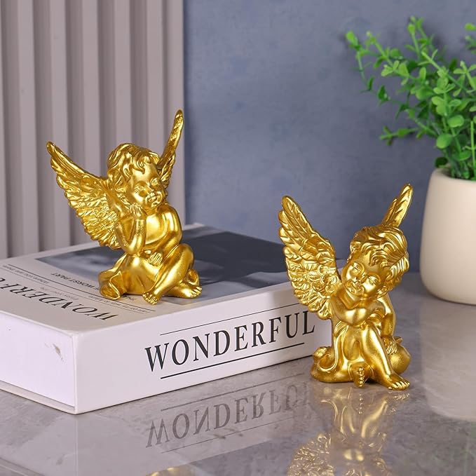 orenm 2 Pack Resin Cherubs Gold Angel Statue Figurine, Garden Sleeping Cherub Statue Sculpture Indoor Outdoor Home Decoration, Cute Adorable Angle Sculpture Memorial Statue(4" Height) (Gold)