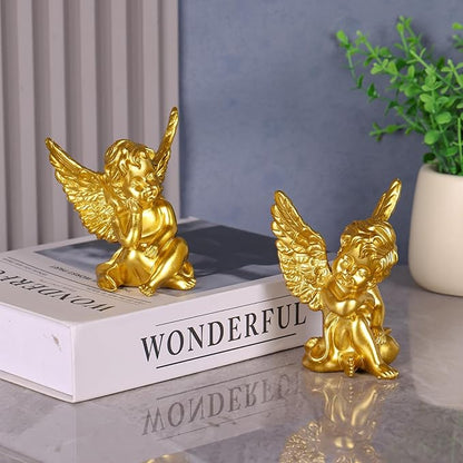 orenm 2 Pack Resin Cherubs Gold Angel Statue Figurine, Garden Sleeping Cherub Statue Sculpture Indoor Outdoor Home Decoration, Cute Adorable Angle Sculpture Memorial Statue(4" Height) (Gold)