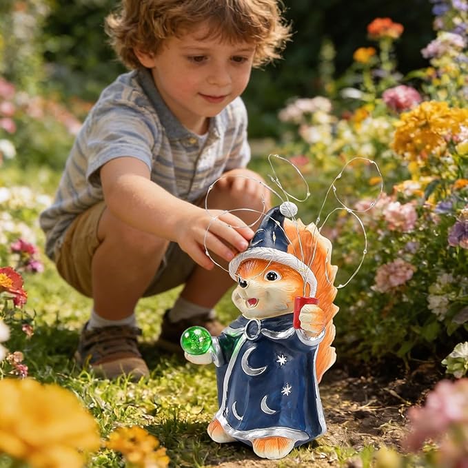 HUYIENO Solar Garden Statue 9.7" Outdoor Decor with LED Firefly String Lights, Waterproof Solar Powered Figurine for Patio, Yard, Lawn, Porch, Halloween, Housewarming Mom & Birthday Gift Squirrel