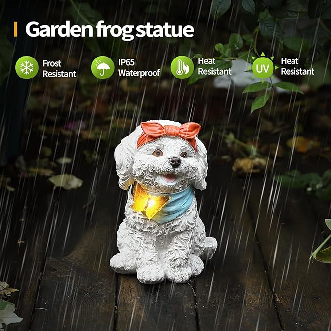 7.67" Solar Dog Garden Statue with Butterfly Light, Cute Resin Puppy Outdoor Decor, Waterproof Solar Powered Animal Statue for Yard, Lawn, Patio, Garden