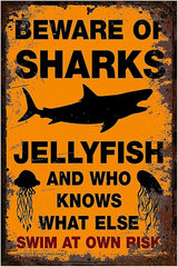 Funny Beware of Dog Sign Private Property No Trespassing Warning Signs, Beware of Sharks Jellyfish, Yard Sign Garage Farm Garden Wall Decor Sign Plaque Outdoor for Home Fence 8 X 12 Inches